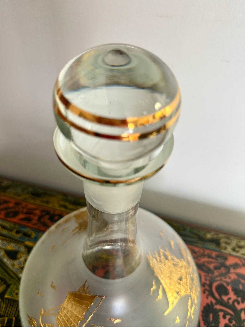 Rare Bohemia Crystal Decanter Frosted Glass with 22K Gold Nautical Design - Picture 5 of 10